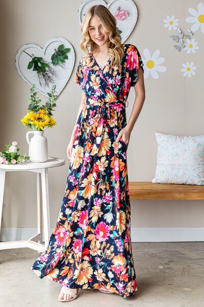 S.W.  Heimish Full Size Floral Surplice Tie Waist Maxi Dress