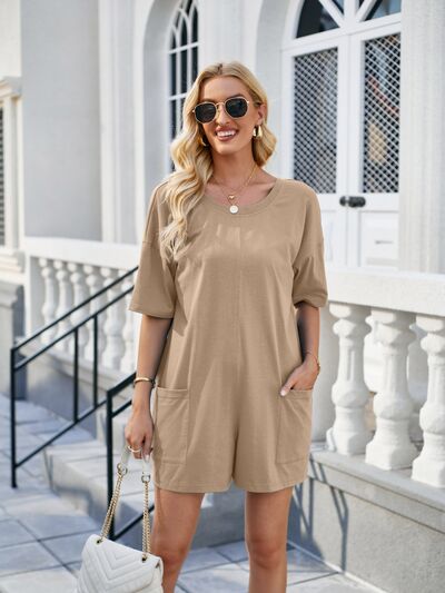 S.W.  Backless Pocketed Round Neck Half Sleeve Romper