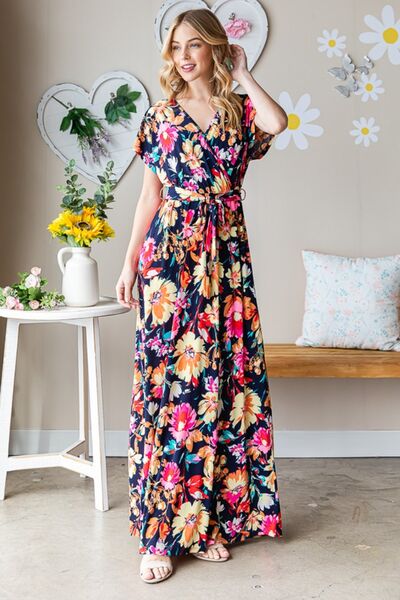 S.W.  Heimish Full Size Floral Surplice Tie Waist Maxi Dress