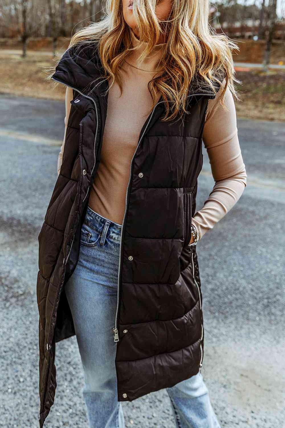 S.W.  Longline Hooded Sleeveless Puffer Vest