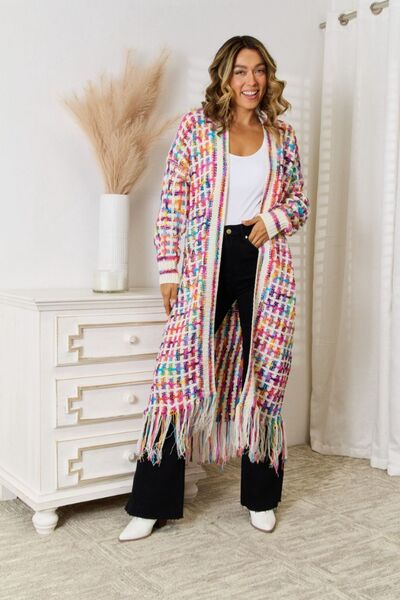 S.W.  Multicolored Open Front Fringe Hem Cardigan