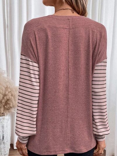 S.W.  Round Neck Striped Long Sleeve Slit T-Shirt