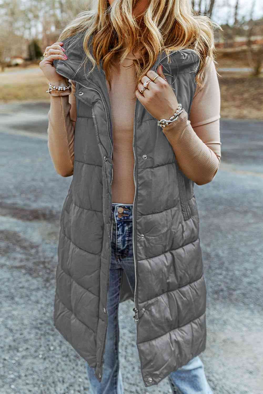 S.W.  Longline Hooded Sleeveless Puffer Vest