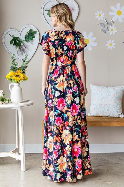 S.W.  Heimish Full Size Floral Surplice Tie Waist Maxi Dress