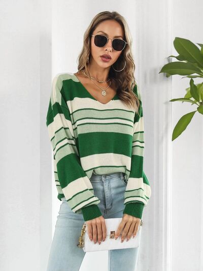 S.W. Striped V-Neck Dropped Shoulder Sweater