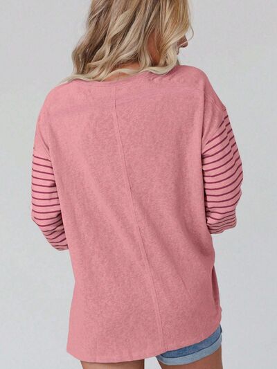 S.W.  Round Neck Striped Long Sleeve Slit T-Shirt