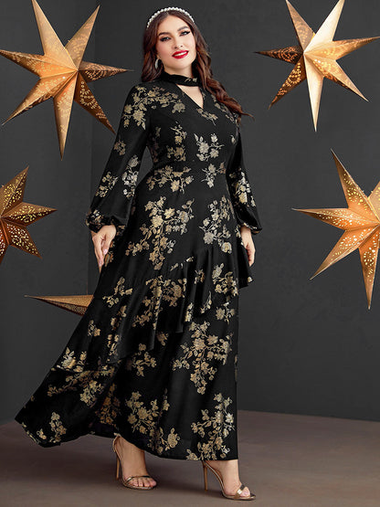 Luxury elegant long sleeve floral V-neck party festival plus size dress