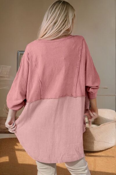 S.W. Contrast Texture Round Neck Long Sleeve Blouse