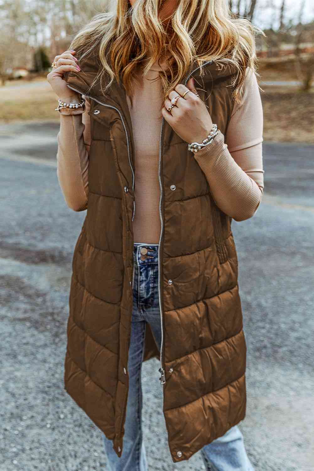 S.W.  Longline Hooded Sleeveless Puffer Vest