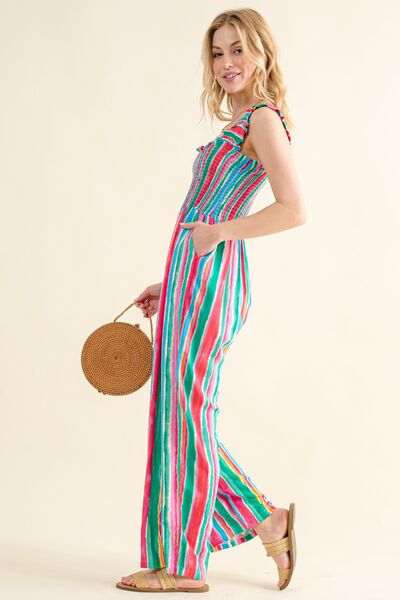 S.W. And The Why Full Size Striped Smocked Sleeveless Jumpsuit