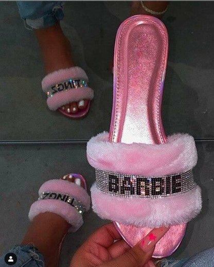 Women's Pink Faux Fur Slides