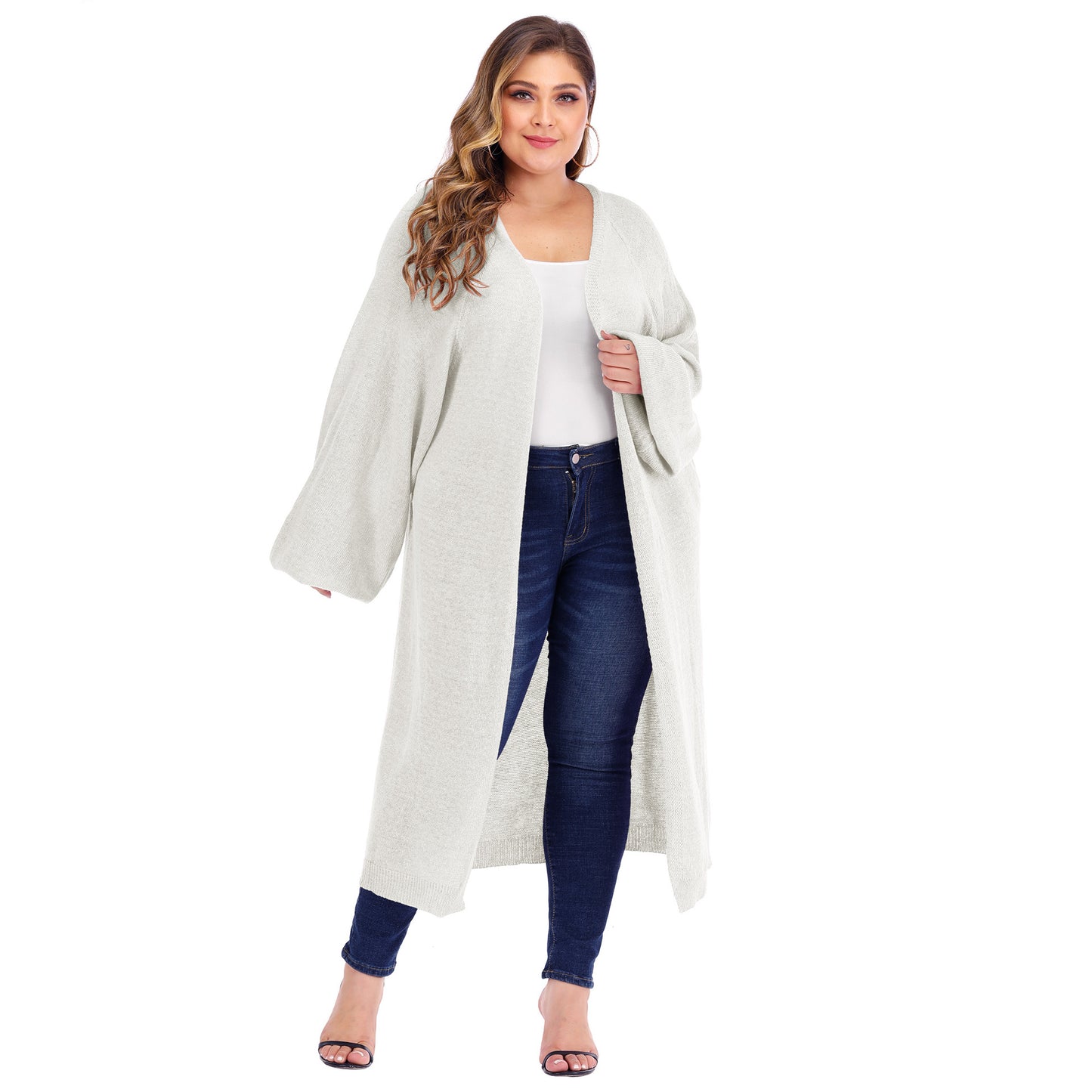 Plus size women's loose pocket long woven cardigan sweater