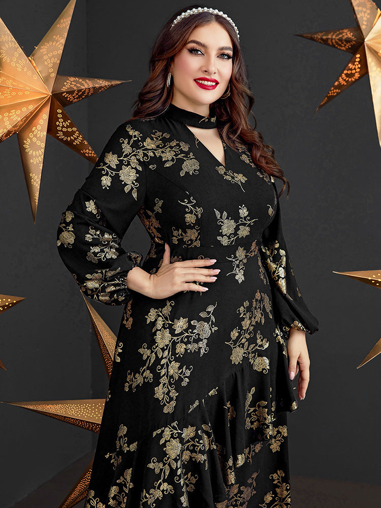 Luxury elegant long sleeve floral V-neck party festival plus size dress