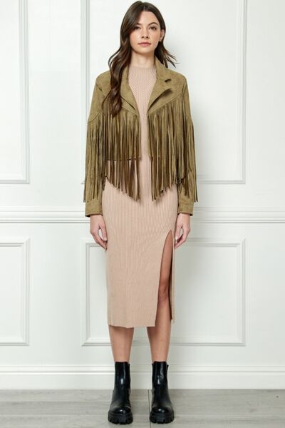 S.W.  Veveret Suede Fringe Long Sleeve Moto Jacket