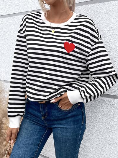 S.W.  Heart Patch Striped Round Neck Long Sleeve Sweatshirt