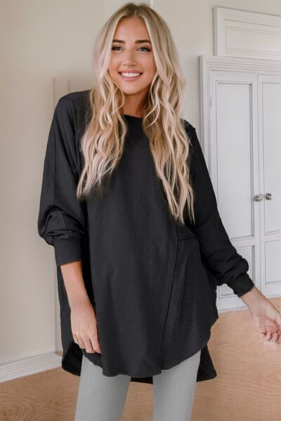 S.W. Contrast Texture Round Neck Long Sleeve Blouse