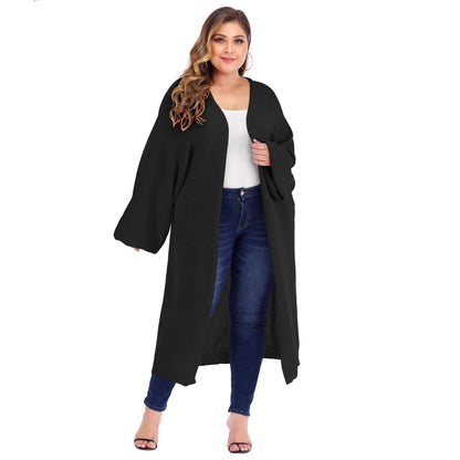 Plus size women's loose pocket long woven cardigan sweater