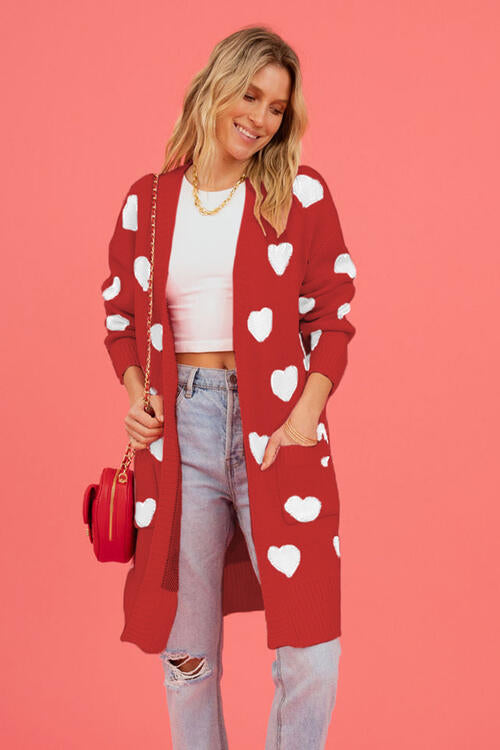 S.W.  Heart Graphic Open Front Cardigan with Pockets