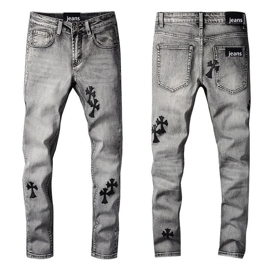 Cross Embroidery Grey  men's casual jeans S.M.