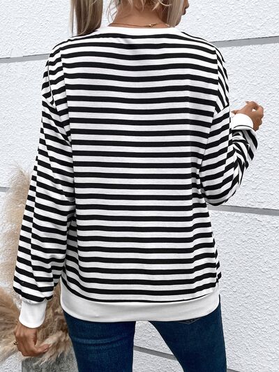 S.W.  Heart Patch Striped Round Neck Long Sleeve Sweatshirt