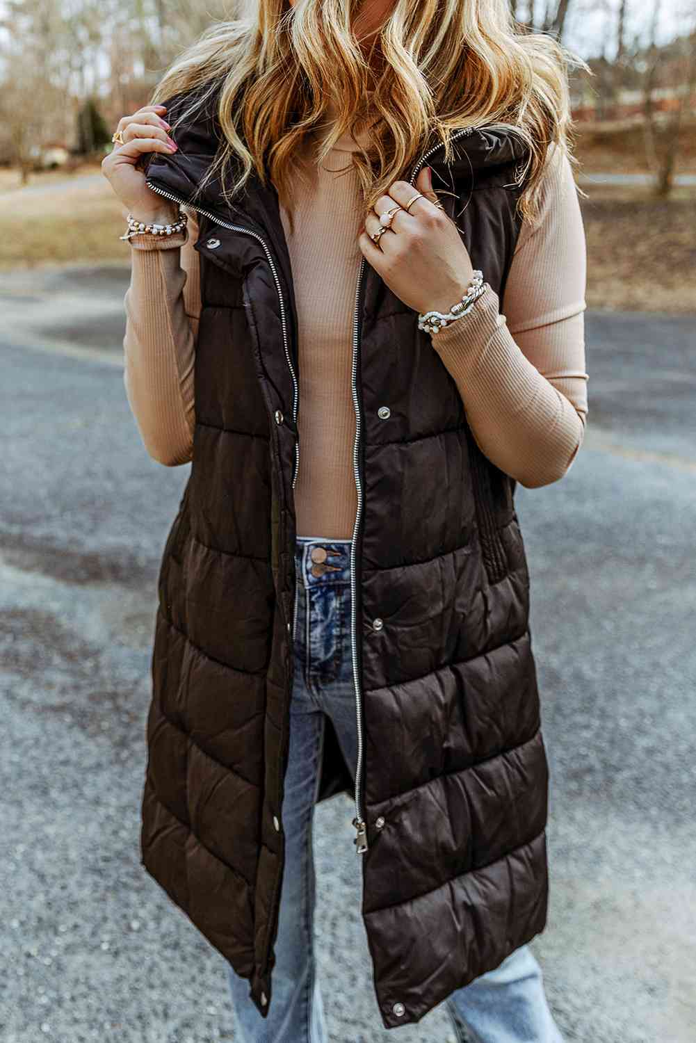 S.W.  Longline Hooded Sleeveless Puffer Vest