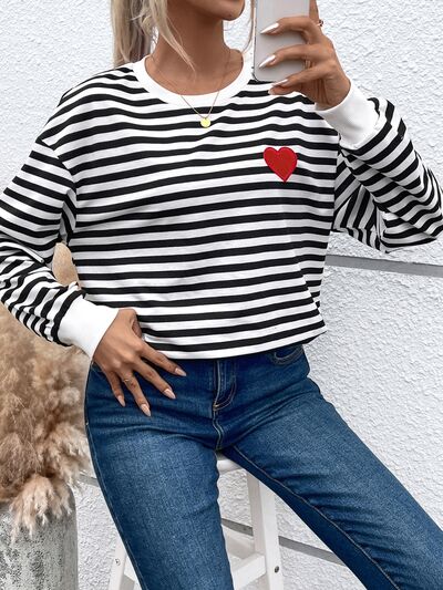 S.W.  Heart Patch Striped Round Neck Long Sleeve Sweatshirt