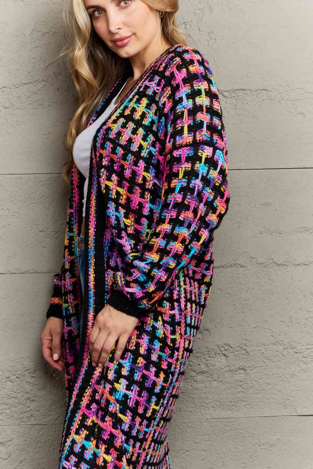 S.W.  Multicolored Open Front Fringe Hem Cardigan