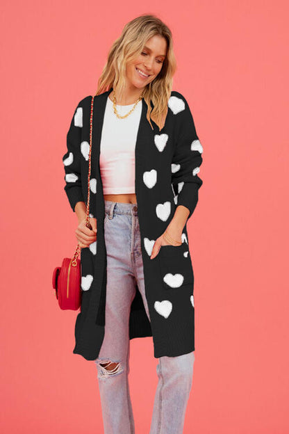 S.W.  Heart Graphic Open Front Cardigan with Pockets