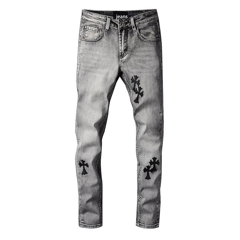 Cross Embroidery Grey  men's casual jeans S.M.