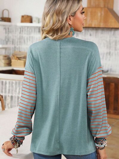 S.W.  Round Neck Striped Long Sleeve Slit T-Shirt