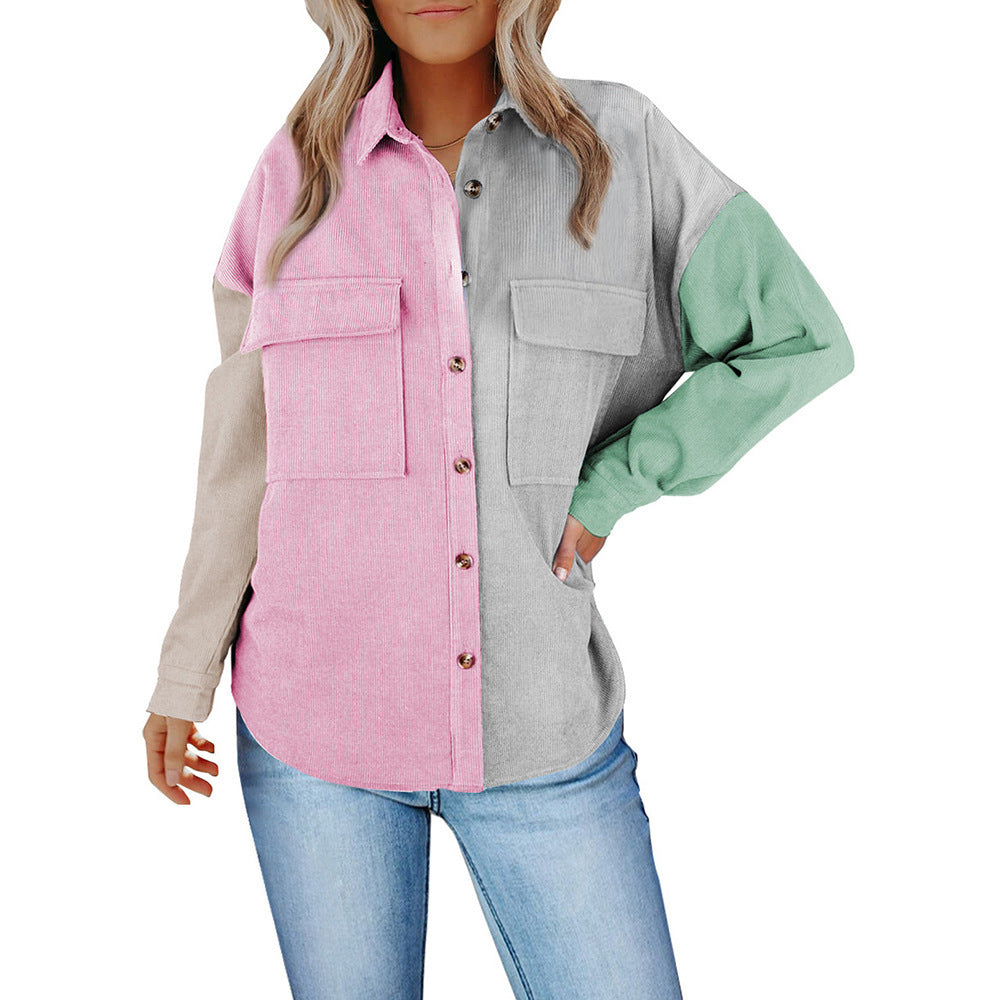 Women's contrast color Corduroy  loose button down shirt S.W.