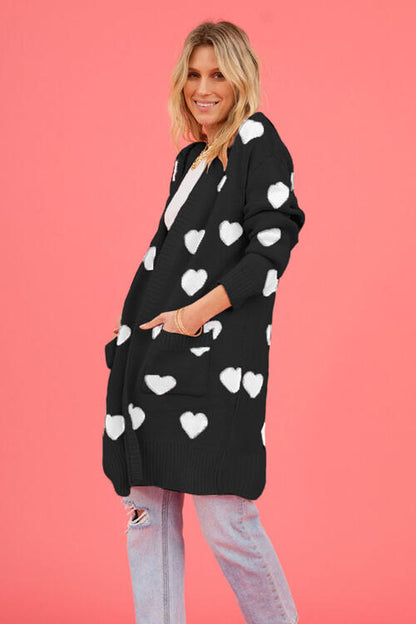 S.W.  Heart Graphic Open Front Cardigan with Pockets